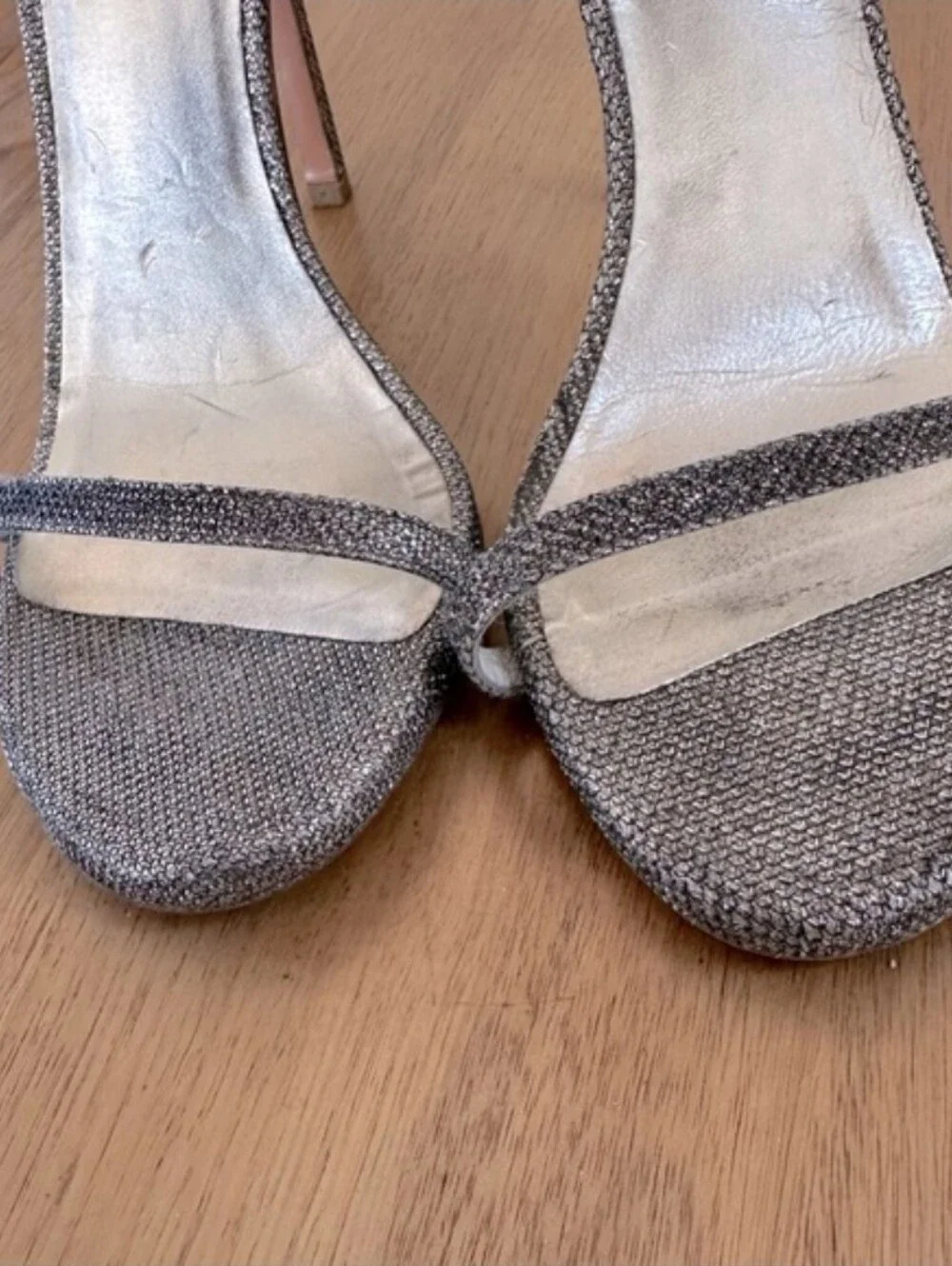 Stuart Weitzman Nudist Ankle Strap Heels Sandal in Platinum Noir, Size 9